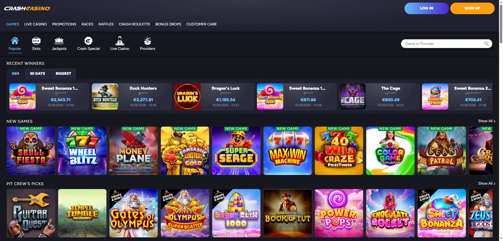 Catálogo de juegos en Crash Casino — slots, mesa y casino en vivo