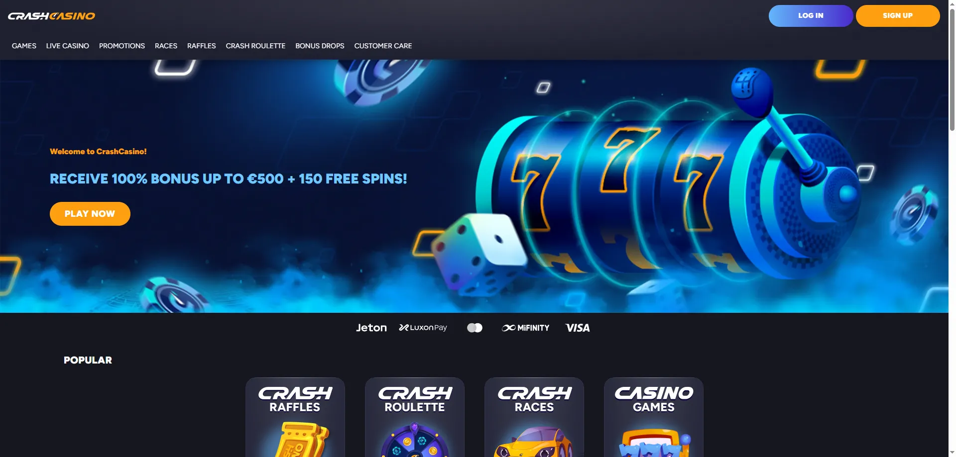 Lobby de juegos Crash Casino con slots y mesas en vivo